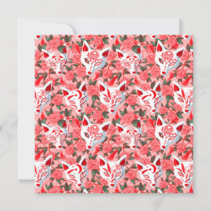 Kitsune masker och blomningskamelli på rosa kort