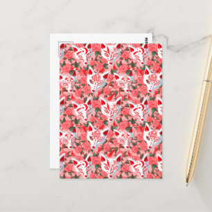 Kitsune masker och blomningskamelli på rosa vykort