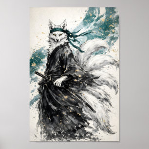 Kitsune Nine Tailed Fox Samurai Bläckspolning Kons Poster