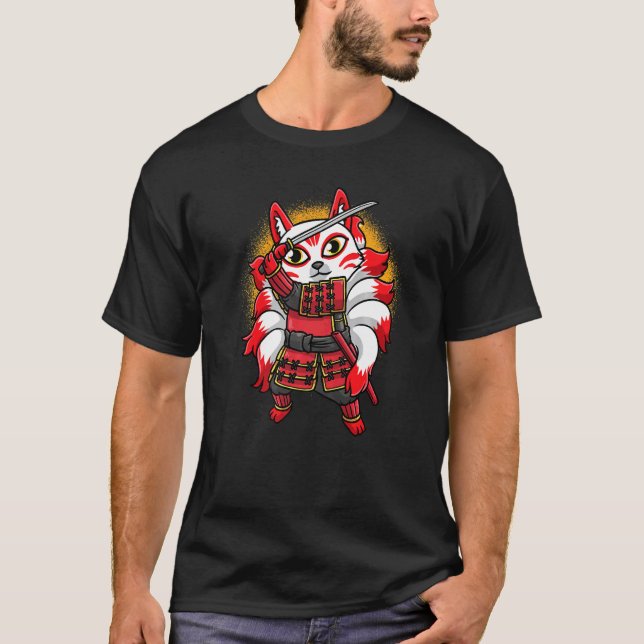Kitsune Ninja Nine Tails Fox Japanska Samurai Mana T Shirt (Framsida)