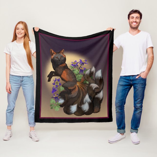 Kitsune och akleja blommor fläskigt filt täcke (På plats)