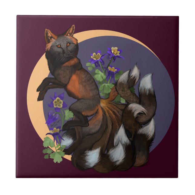 Kitsune och Columbine Flowers Kakelplatta (Framsidan)
