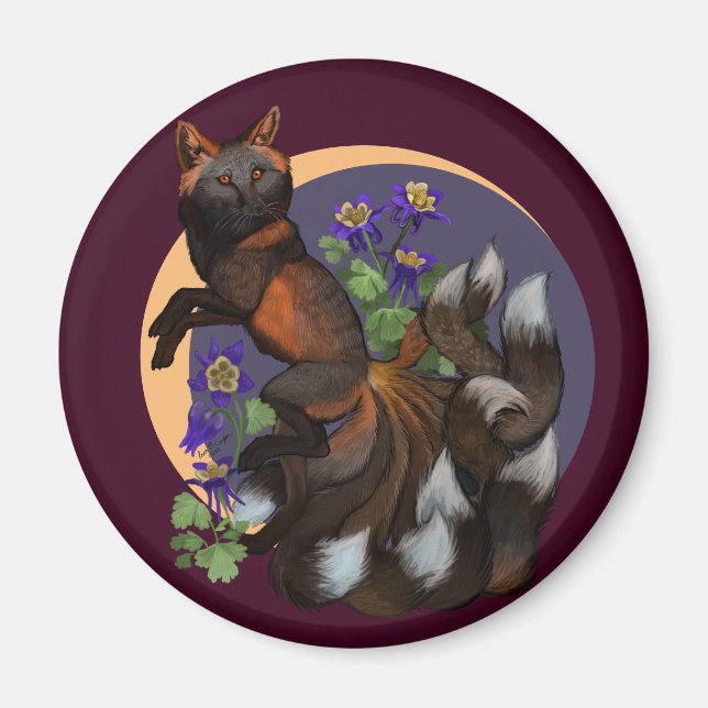 Kitsune och Columbine Flowers Magnet (Framsidan)
