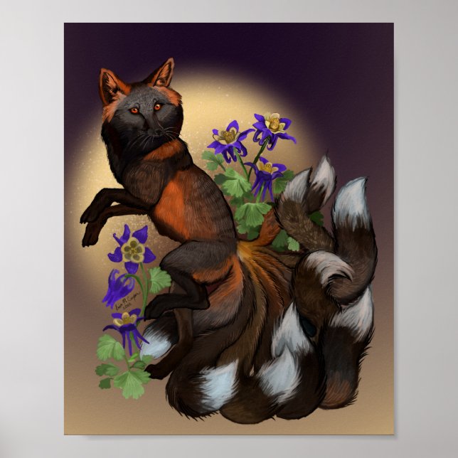 Kitsune och Columbine Flowers Poster (Framsidan)