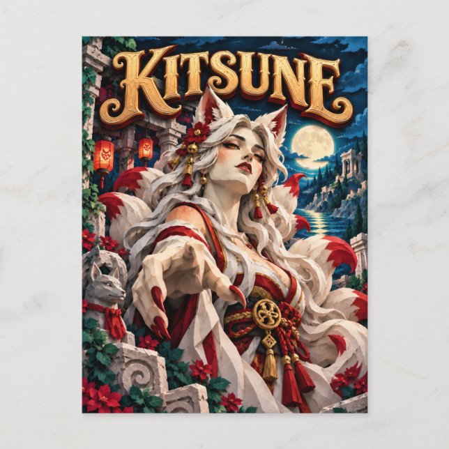 Kitsune, pappersklippt monster vykort (Framsida)