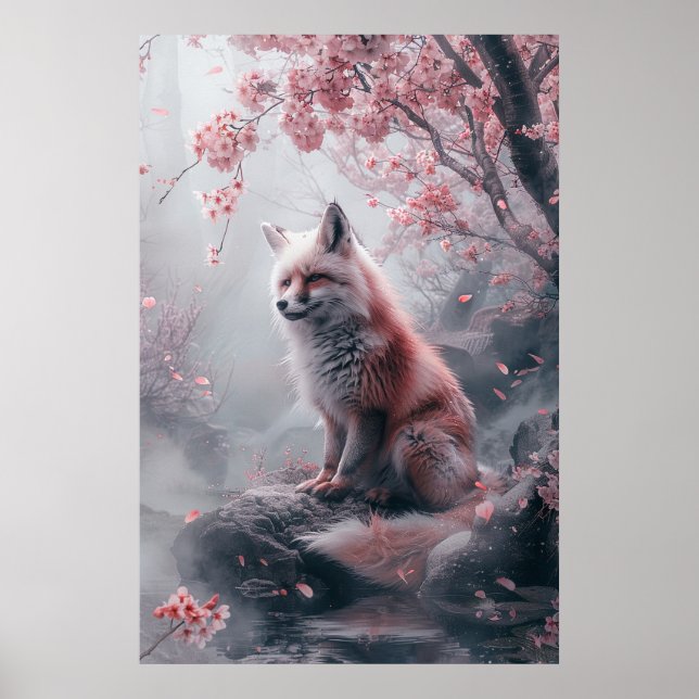 Kitsune Spirit – Japanese Fox in Blossom Forest Poster (Framsidan)