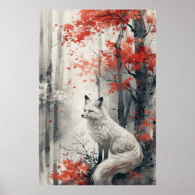 Kitsune Spirit – Japanese Fox in Blossom Forest Poster (Framsidan)