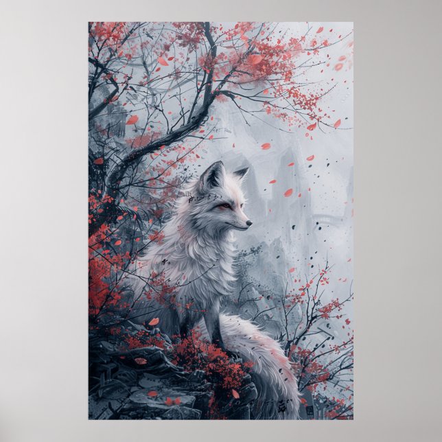  Kitsune Spirit – Japanese Fox in Blossom Forest Poster (Framsidan)