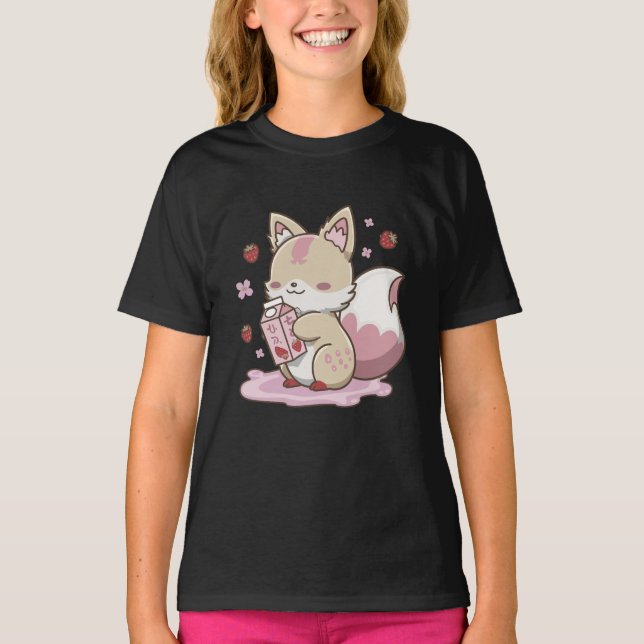 Kitsune Strawberry Mjölk - Cute Fox Yokai Aestheti T Shirt (Framsida)