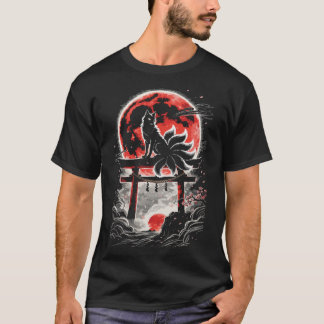 Kitsune vid Torii i röd måne - japansk konst T Shirt