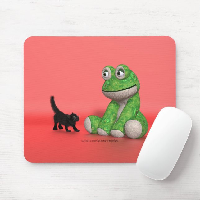Kitten and plush-frog mouse pad musmatta (Med mus)