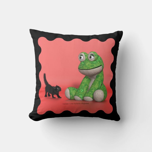 Kitten and plush-frog throw pillow kudde (Framsida)