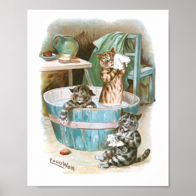 Kitten Bath av Louis Wain Poster (Framsidan)