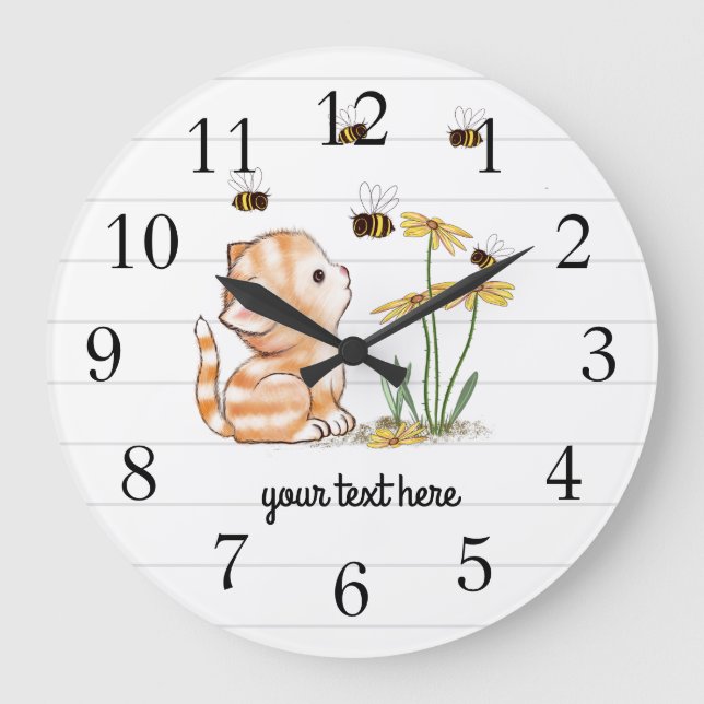 Kitten Bees Blommigt Wall Clock Stor Klocka (Framsida)