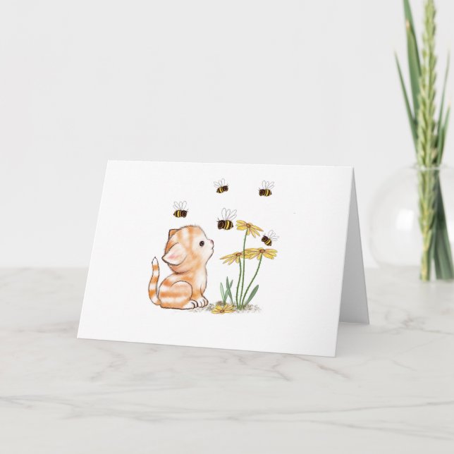Kitten Bees Flowers Blank Greeting Card Kort (Framsida)