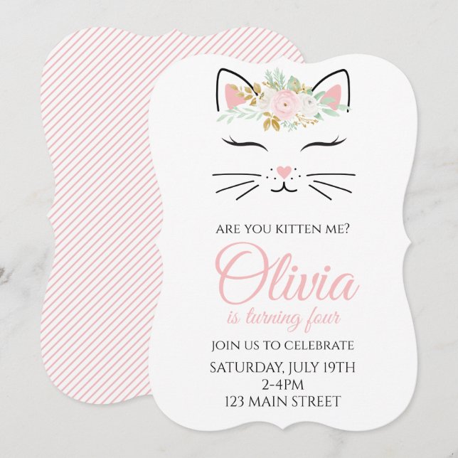 Kitten Birthday Inbjudan med blommigt kattunge ans (Fram/baksida)