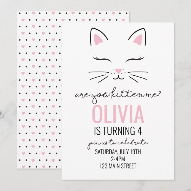 Kitten Birthday Inbjudan med rosa hjärta kattunge  (Fram/baksida)