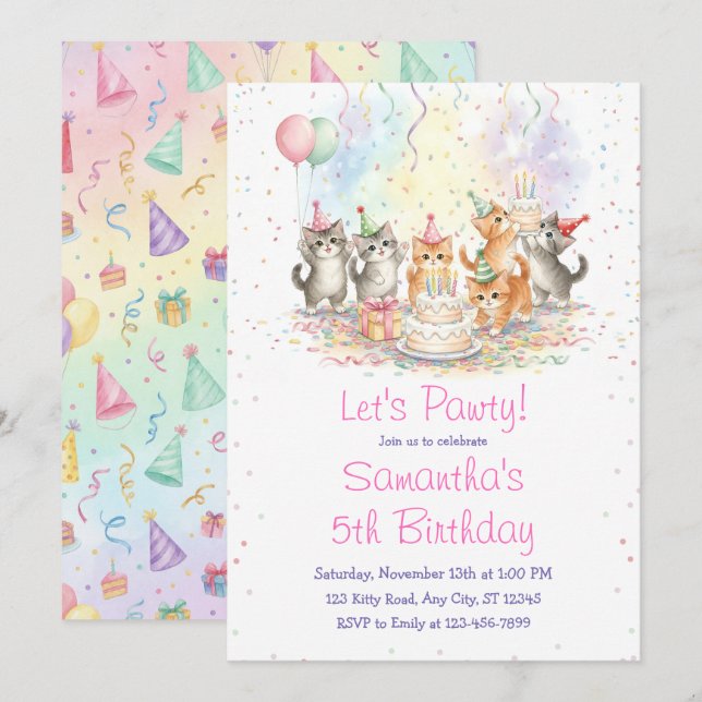 Kitten Birthday Invitation, Cute Cat Girl Theme Inbjudningar (Fram/baksida)