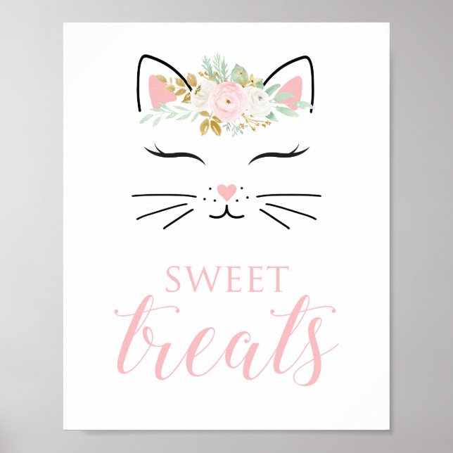 Kitten Birthday Sweet Treats Undertecknar Blommigt Poster (Framsidan)