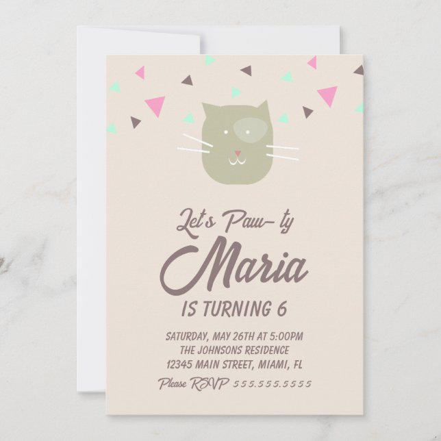 Kitten Birthday Tass-ty Party Animal Confetti Inbjudningar (Framsida)