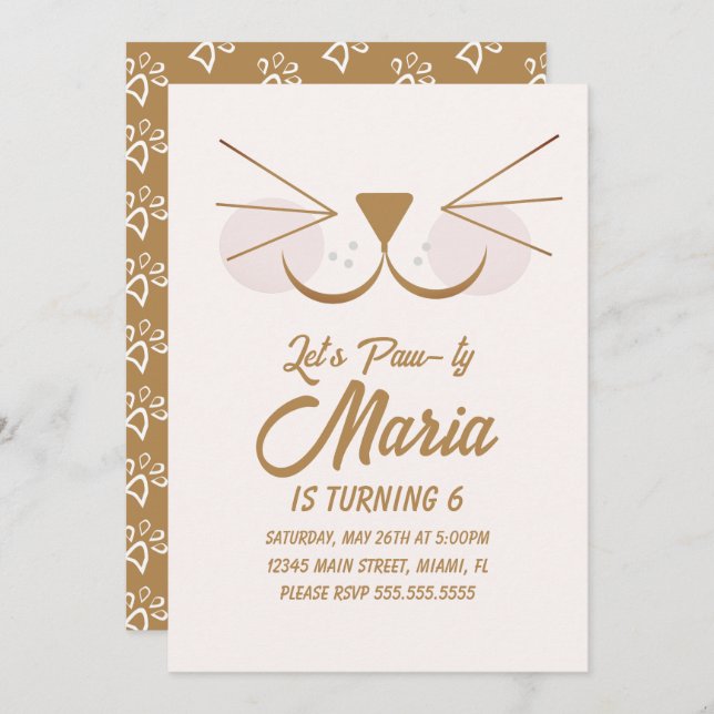 Kitten Birthday Tass-ty Party Animal Inbjudningar (Fram/baksida)