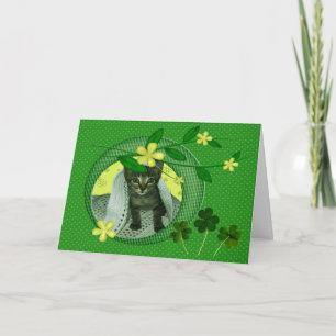 Kitten, Blommor, Shamrocks & Grönt Polka dots-kort Kort