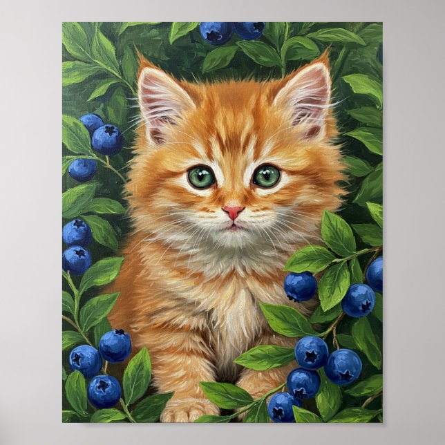 Kitten & Blueberries | Oil Painting Art Poster (Framsidan)