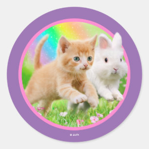 Kitten & Bunny med Rainbow Runt Klistermärke