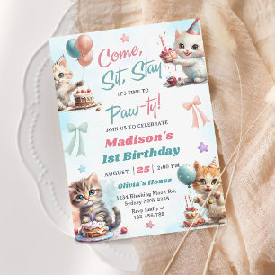 Kitten Cat Låt oss Pawty 1:a födelsedag Party inbj Inbjudningar