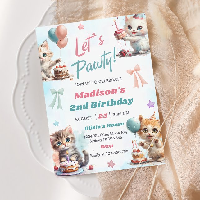 Kitten Cat Låt oss Pawty 2:a födelsedagen Party Inbjudningar (Skapare uppladdad)