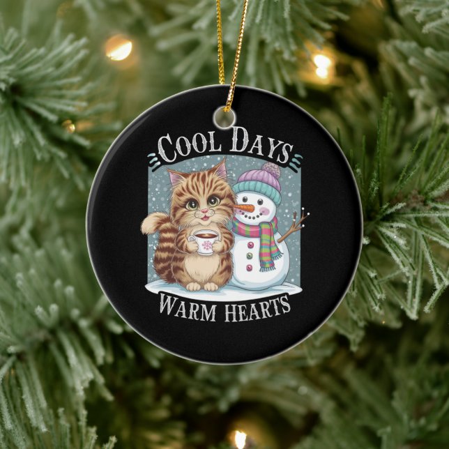 Kitten Cat och Snögubbe Friends  Coffee Winter Julgransprydnad Keramik (Träd)