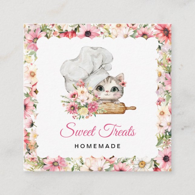 Kitten Chef Bakery Pink Fyrkantigt Visitkort (Framsida)