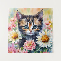 Kitten Daisy Flowers Watercolor Art