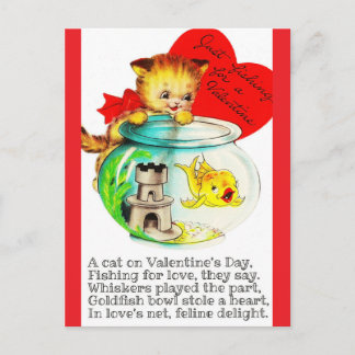 Kitten & Fish Bowl Vintage Valentine Postcard Vykort