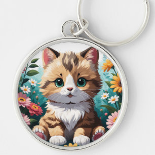 Kitten & Flowers Rund Silverfärgad Nyckelring