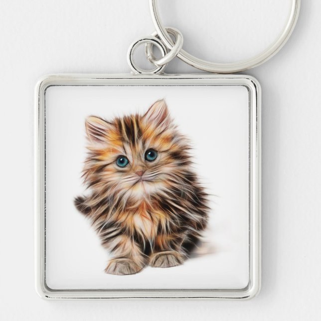 Kitten Fyrkantig Silverfärgad Nyckelring (Framsidan)