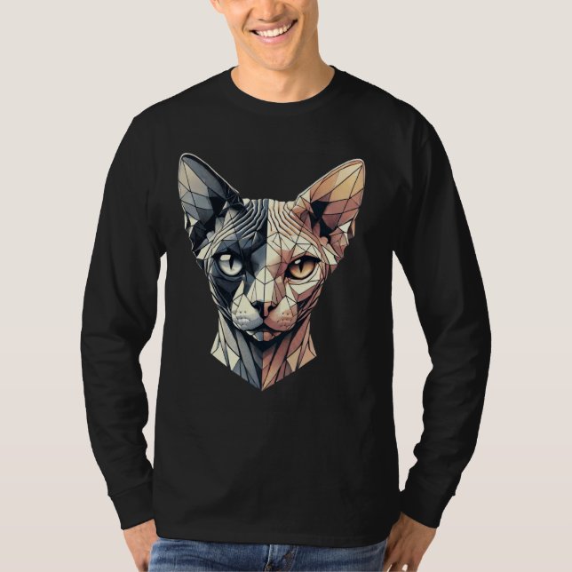 Kitten Geometry Polygon Sphynx, halv Ansikte Abstr T Shirt (Framsida)
