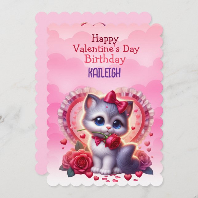Kitten Heart Birthday Valentine Day Julkort (Fram/baksida)