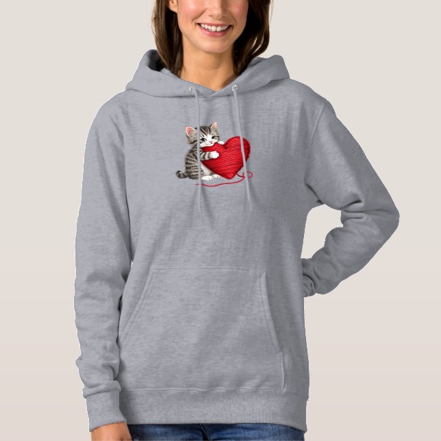 Kitten Heart Sweatshirt, Kitten med Yarn Heart T Shirt (Framsida)