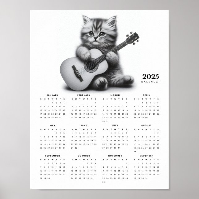 Kitten Holding Acoustic Guitar 2025 Calendar Poster (Framsidan)