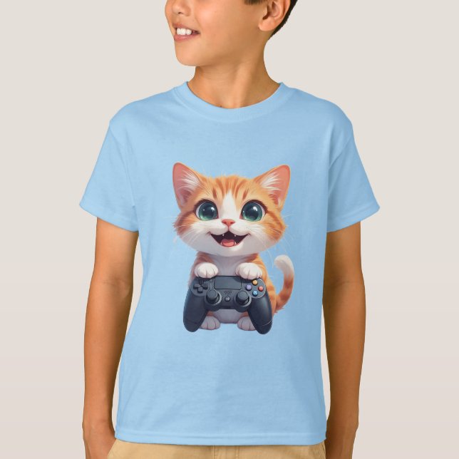 Kitten Holding Game Controller Smiling Gamer Cat I T Shirt (Framsida)