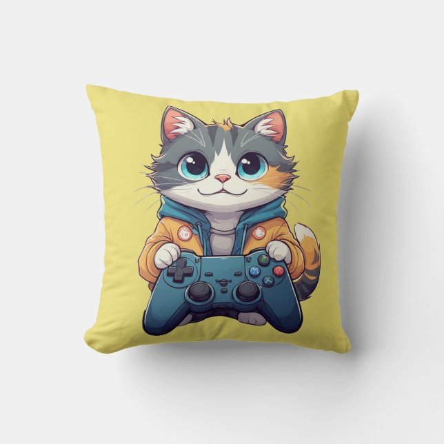 Kitten Holding Game Controller Smiling Gamer Cat Kudde (Framsida)