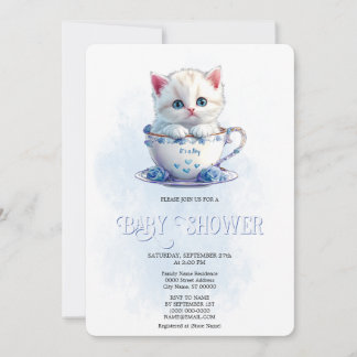 Kitten i Blåa blommor-babyinbjudan till babyskor i Inbjudningar