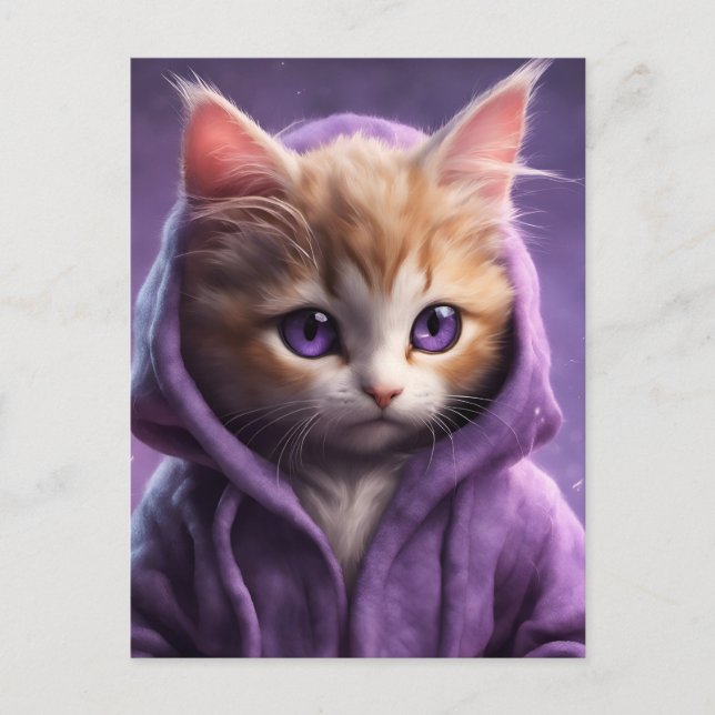 Kitten i en Lila Hoodie Vykort (Framsida)
