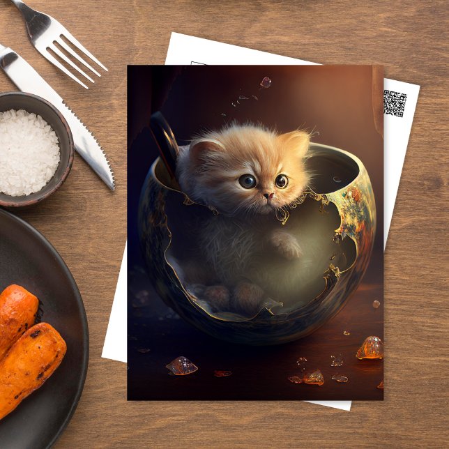 Kitten i en öppen trasig tekopp vykort (Skapare uppladdad)