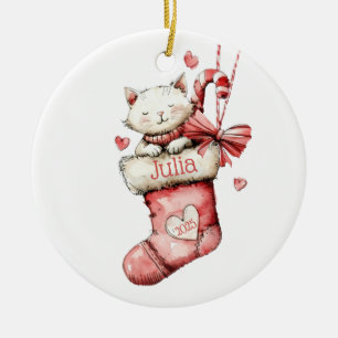 Kitten i en Rosa Stocking Personlig Namn Date Julgransprydnad Keramik