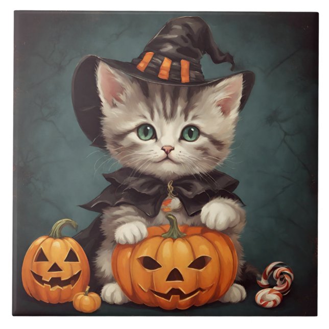 Kitten i Halloween Costume och Jack-O'-Lantern Kakelplatta (Framsidan)