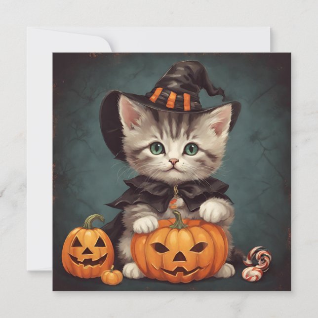 Kitten i Halloween Costume och Jack-O'-Lantern Kort (Framsida)
