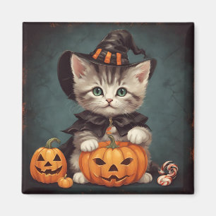 Kitten i Halloween Costume och Jack-O'-Lantern Magnet