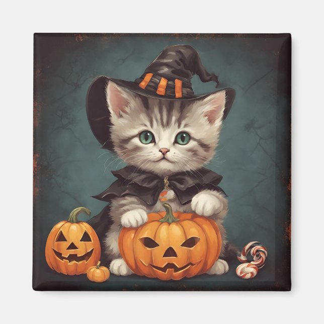 Kitten i Halloween Costume och Jack-O'-Lantern Magnet (Framsidan)